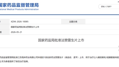 揚子江藥業集團創新藥孟平?（法贊雷生片）上市獲批